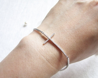Sparkling Cross Bracelet, Well Crafted Sterling Silver Bracelet, Silver Bangle, Adjustable Size Bracelet, Everyday Jewelry