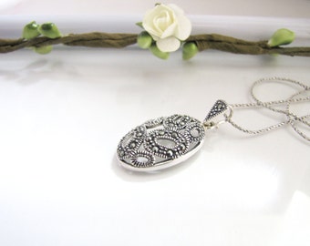 Contemporary Filigree Sterling Silver Pendant Necklace, Marcasite Decor Pendant, Sterling Silver Pendant, Everyday Choker