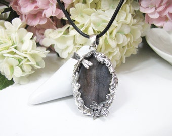 Handcrafted Sterling Silver Pendant Choker, Raw Stone Nicely Framed with Silver Dragonfly, Leather Necklace, Silver Choker, Everyday Choker