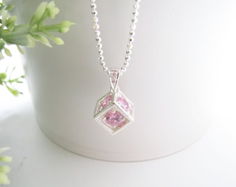 Stunning Swarovski Crystal Pendant Choker, Sterling Silver Necklace, Cubic box Pendant with Crystal Sparkling From Every Side