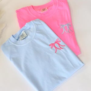 Cute Ribbon Bow Comfort Colors Embroidered Pocket Tee,  Coquette Bow Tee Trendy, Bow Tee Gift for Her, Embroidered Tee Bow Shirt
