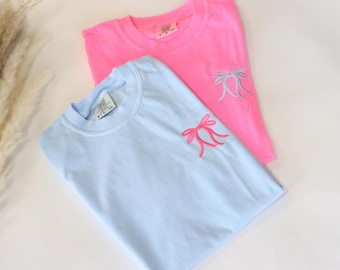 Cute Ribbon Bow Comfort Colors Embroidered Pocket Tee,  Coquette Bow Tee Trendy, Bow Tee Gift for Her, Embroidered Tee Bow Shirt