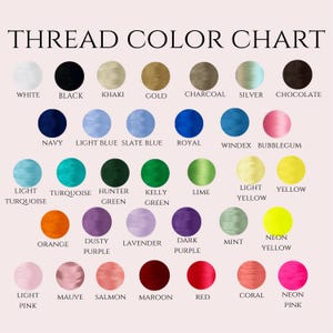 Op de afbeelding: Een garenkleurenkaart met de tekst THREAD COLOR CHART bovenaan, gevolgd door rijen cirkelvormige kleurstalen met namen zoals wit, zwart, kaki, goud, antraciet, zilver, chocolade, marineblauw, lichtblauw, leiblauw, koningsblauw, windex, kauwgom, lichtturquoise, turquoise, jagersgroen, kellygroen, limoen, lichtgeel, geel, oranje, stoffig paars, lavendel, donkerpaars, munt, neongeel, lichtroze, mauve, zalm, kastanjebruin, rood, koraal en neonroze.
