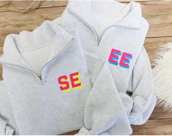 Personalized Neon Quarter Zip, Monogrammed Sweater, Shadow Font Embroidered quarter zip