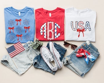 Personalized Fourth of July Shirt, Youth and Adult Sizes, Monogrammed Shirt, Bow Monogram, USA shirt, Independence Day Tee Shirt