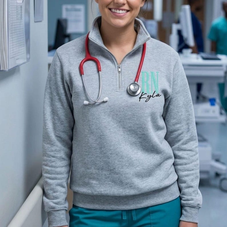 Monogram Nurse Quarter Zip Sweatshirt, Nurse Jacket, Gift for Nurses, Graduation Gifts for Nurses, Heartbeat Nurse Sweatshirt, Embroidered zdjęcie 1