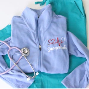 Monogrammed Nurse Full Zippered Midweight Fleece | Nurse Fleece Jacket | Personalized Ladies Nurse/Doctor Heart Stethoscope | Heartbeat