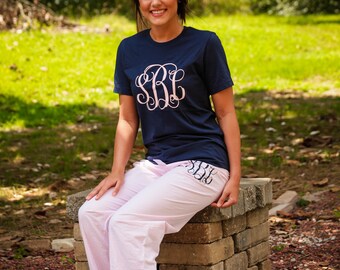 bridesmaid pajamas, monogrammed pajamas, bridesmaid gift, monogrammed pj pants, monogrammed shirt