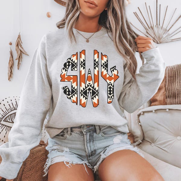 Aztec Monogrammed Sweatshirt, Gifts for Her, Western Print Sweater, Monogram Sweater