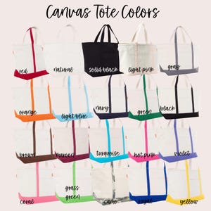 May include: A collection of 20 canvas tote bags in various colors. The bags are all white with a colored stripe across the bottom. The colors include red, orange, yellow, green, blue, purple, brown, black, gray, pink, and turquoise.