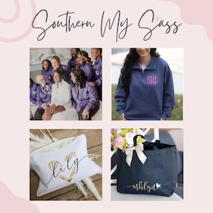 May include: A collage of four images showcasing personalized gifts. The top left image shows a group of people wearing purple sweatshirts with embroidered initials. The top right image shows a navy blue sweatshirt with a pink embroidered monogram. The bottom left image shows a white makeup bag with a gold heart and the name "lily" written in cursive. The bottom right image shows a black tote bag with the name "ashlyn" written in cursive with a pink heart.