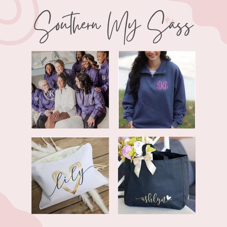 May include: A collage of four images showcasing personalized gifts. The top left image shows a group of people wearing purple sweatshirts with embroidered initials. The top right image shows a navy blue sweatshirt with a pink embroidered monogram. The bottom left image shows a white makeup bag with a gold heart and the name "lily" written in cursive. The bottom right image shows a black tote bag with the name "ashlyn" written in cursive with a pink heart.
