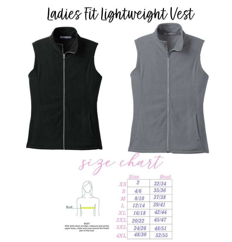 May include: Size chart for a lightweight vest with a zipper closure. The chart shows sizes XS to 4XL with corresponding bust measurements in inches.
