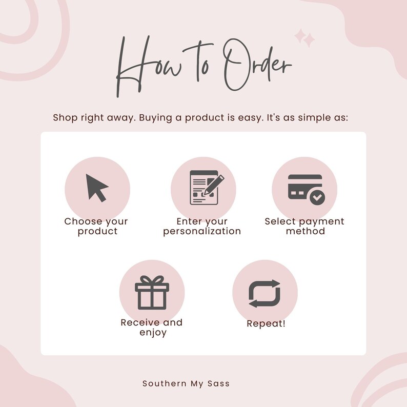May include: A pink and white graphic with the text "How to Order" and five steps for ordering a product: choose your product, enter your personalization, select payment method, receive and enjoy, and repeat. The graphic also includes the text "Southern My Sass".