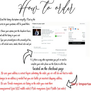 May include: A guide on how to order a personalized vest. The guide includes instructions on how to choose options from drop-down boxes, add items to your cart, and personalize your order. It also includes a note about the order of initials for female and male monograms.