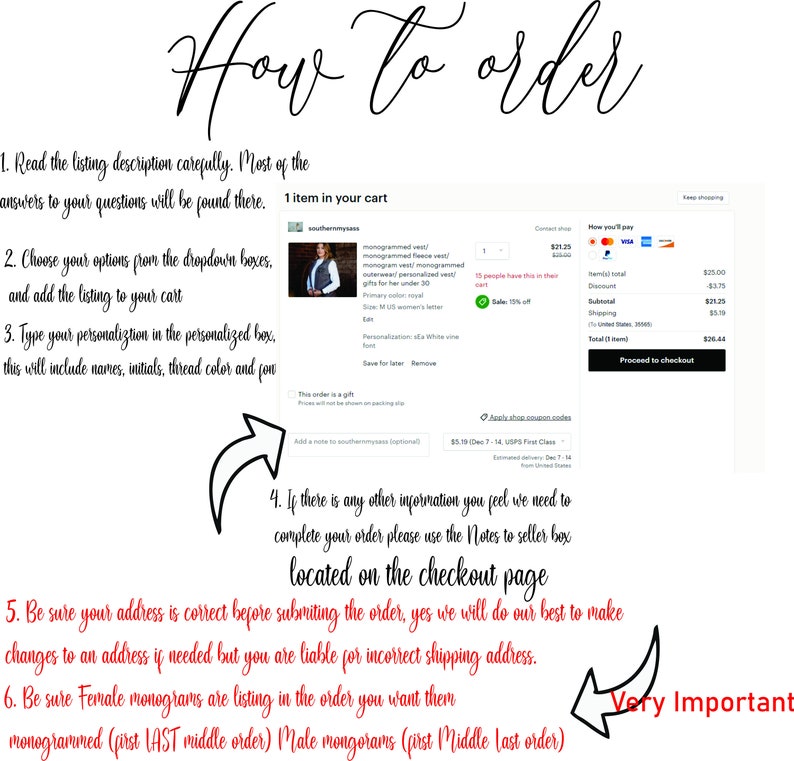 May include: A guide on how to order a personalized vest. The guide includes instructions on how to choose options from drop-down boxes, add items to your cart, and personalize your order. It also includes a note about the order of initials for female and male monograms.