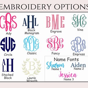 May include: A chart showing different embroidery options for monogramming. The options include Ady, Block Monogram, Engrave, Vine, Circle, Classic, Fancy, Empress, Stacked Block, and Laurel Wreath. The chart also includes name fonts with the names Sharon, Aiden, and Jessica.