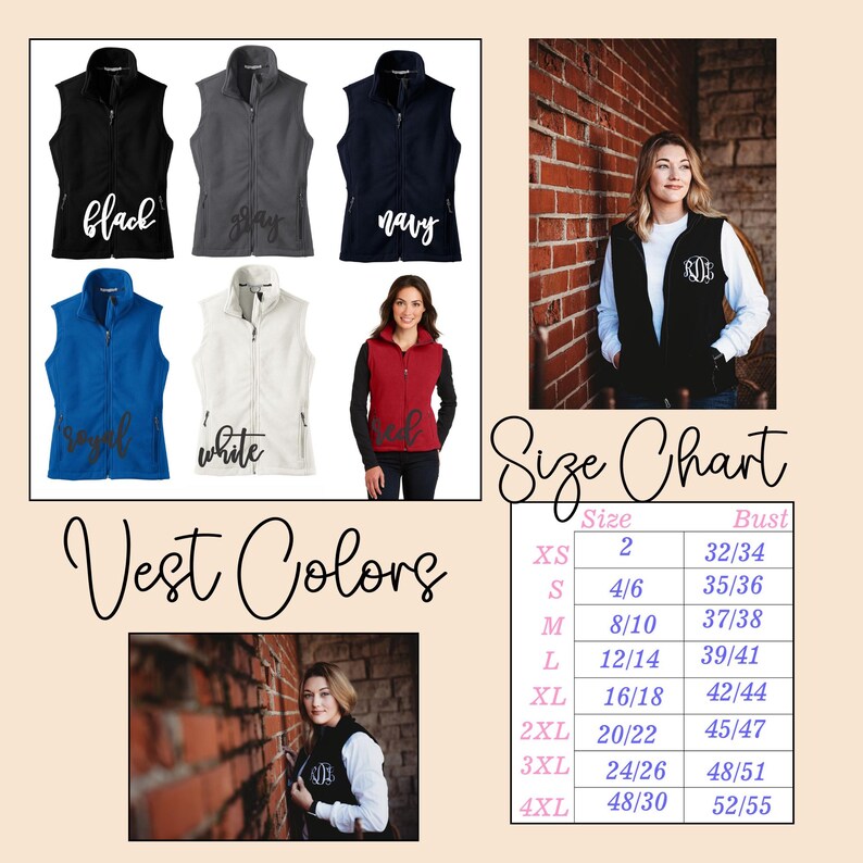 May include: A size chart for women's fleece vests in various colors, including black, gray, navy, royal blue, white, and red. The chart shows sizes XS to 4XL with corresponding bust measurements in inches.