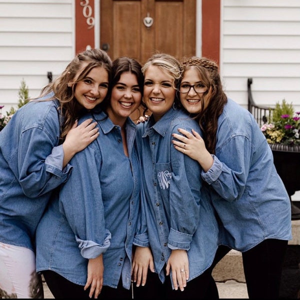 Denim Bridesmaid button down shirt, bridesmaid shirt, getting ready shirt, button up shirt, monogrammed shirt, bridesmaid pajamas