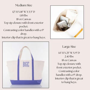May include: Two canvas tote bags with contrasting blue trim and handles. The smaller bag is 12 inches high by 18 inches wide by 5.5 inches deep and weighs 1.85 pounds. The larger bag is 14 inches high by 25 inches wide by 9 inches deep and weighs 2.40 pounds. Both bags have a top zip closure with a front exterior pocket and a contrasting color handle with a 9 inch drop. Both bags have an interior clip that is great to hang keys. The smaller bag has the letters BGE monogrammed on the front.