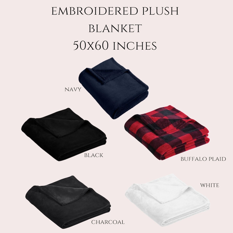 May include: Five plush blankets in different colors and patterns. The blankets are folded and arranged in a grid pattern. The colors are navy, black, red and black buffalo plaid, charcoal, and white. The text "EMBROIDERED PLUSH BLANKET 50X60 INCHES" is at the top of the image.