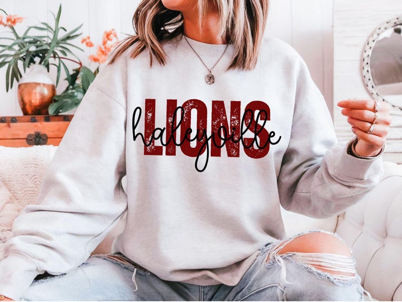 May include: A light gray sweatshirt with the word "LIONS" in a distressed red font and the name "haleybe" in a black script font. The sweatshirt is a crew neck style.