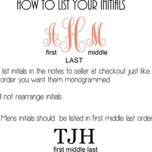 May include: Instructions on how to list initials for a monogram. The example shows the initials AHM with the first, middle, and last names labeled. The second example shows the initials TJH with the first, middle, and last names labeled.
