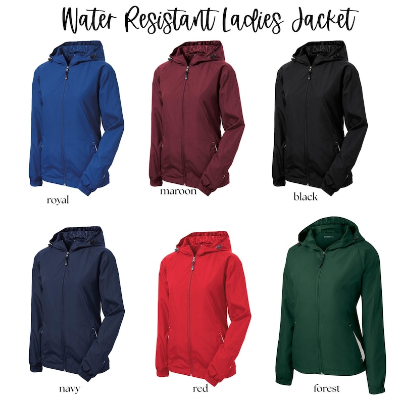 May include: A display of water-resistant jackets in royal blue, maroon, black, navy, red, and forest green. Each jacket has a hood and a zipper closure. The text "Water Resistant Ladies Jacket" is at the top of the image.