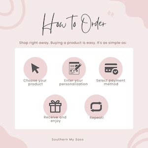 Puede incluir: Un gr&aacute;fico rosa con el texto "How to Order" e instrucciones: Elige tu producto, Introduce tu personalizaci&oacute;n, Selecciona el m&eacute;todo de pago, Recibe y disfruta, y &iexcl;Repite! La marca "Southern My Sass" est&aacute; en la parte inferior.