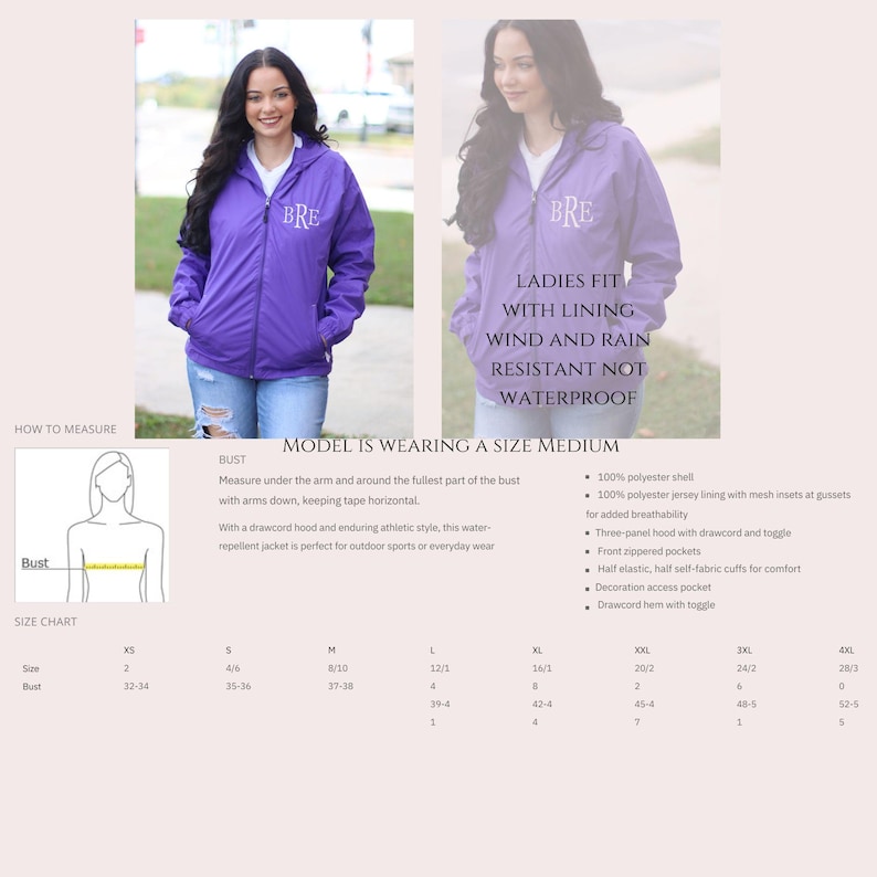 May include: A purple zip-up jacket with a drawstring hood and the initials "BRE" embroidered on the chest. The jacket has front zippered pockets and is wind and rain resistant. The model is wearing a size medium.