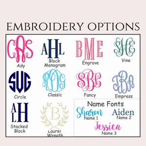 May include: A chart showing different embroidery options for monograms and names. The options include various styles such as classic, circle, stacked block, and vine. The chart also includes different fonts for names, such as Sharon, Aiden, and Jessica.