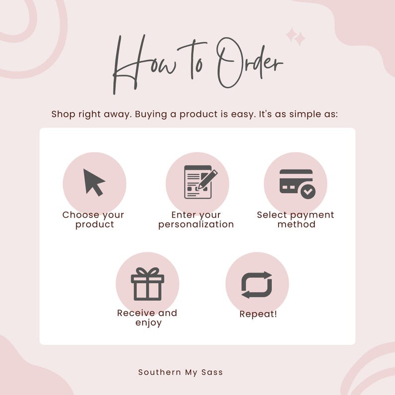 May include: A pink and white graphic with the text "How to Order" and a five-step process for ordering a product: choose your product, enter your personalization, select payment method, receive and enjoy, repeat. The graphic also includes the text "Southern My Sass".