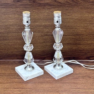 Vintage pair of cut glass lamps with marble base, vintage pair of bedside boudoir lamps, vintage art deco stacked glass boudoir lamps pair