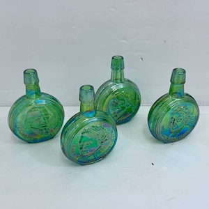 Lot of 4 green glass mini Wheaton bottles, mini colored Wheaton bottles, Wheaton presidential colored glass bottles, Thomas Jefferson bottle