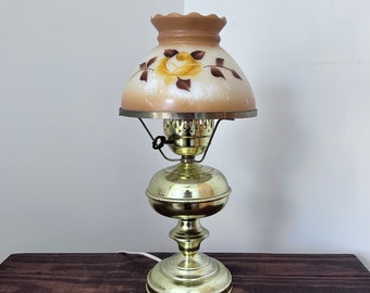 Vintage hurricane style Gone With the Wind table lamp, brass base parlor lamp with painted milk glass shade, vintage GWTW lighting