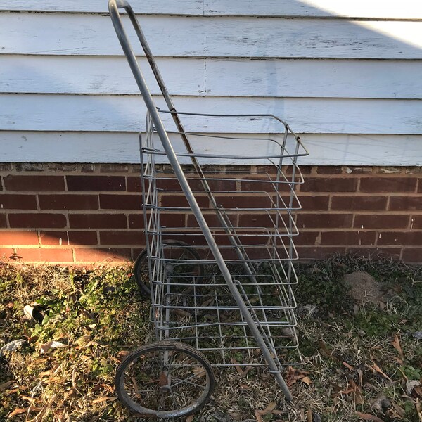 Vintage wire basket on wheels, folding wire rolling basket, collapsible wire rolling basket