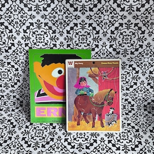 Two vintage jigsaw puzzles, ernie muppets playskool sesame street wood frame puzzle, whitman my pony frame tray puzzle, vintage kids puzzles