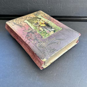Antique Victorian celluloid photo album, antique album with velvet backing and metal bar, antique photo album with victrian boy man on cover