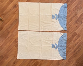 Vintage appliqué embroidered pillowcases pair, king size appliquéd linens, blue bonnet girl design, vintage bedding shams