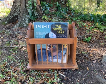Vintage Wooden Spindle Magazine Rack – Mid-Century Record Album Holder – Rustic Storage Organizer