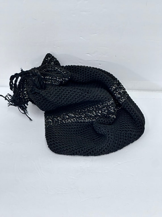 Vintage black crochet drawstring handbag purse pou