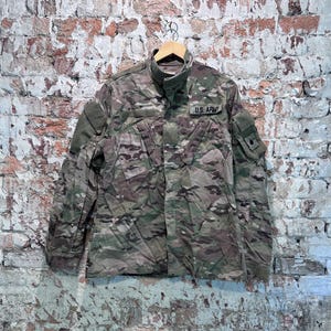 Army Combat Uniform camo shirt, team soldier certified gear, military issue zipper front shirt jacket with velcro patches, army camo shirt