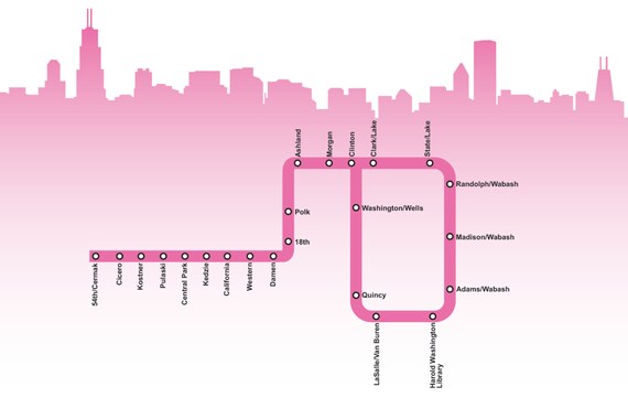 Pink Line Cta Map Chicago Pink Line Map | Etsy Uk