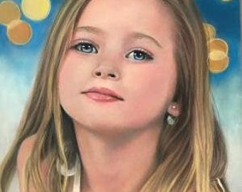 May include: A portrait painting of a young girl with long blonde hair. She is wearing a white tank top and has a soft, dreamy expression on her face. The background is a blue and yellow abstract design.