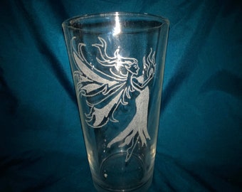 Fire fairy Pilsner glass - fairy pint glass, hand etched, beer glass, drink glass, etched glass, whimsical