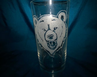 Grizzly bear face Pilsner glass - bear head, bear, grizzly, pint glass, hand etched, beer glass, drink glass, etched glass