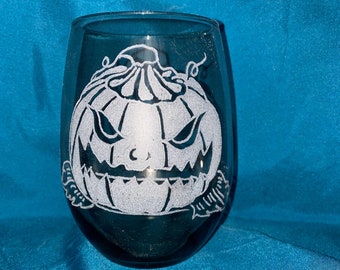 Jack-o-lantern full fill stemless wine glass -pumpkin, jack-o-lantern, Halloween, wine glass, stemless wine glass, holiday gift