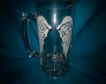 Angel wings hand etched beer stein -  beer stein, beer mug, hand etched, etched glass, mug, holiday, gift