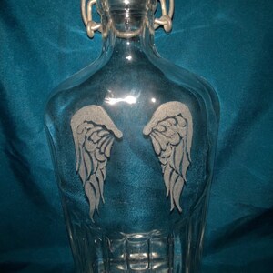 Angel wings hand etched Flask, decanter, jar, flask, angel, wings, glassware, unique, hand etched, liquor bottle, syrup bottle