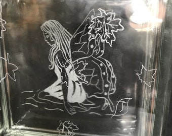 Fall kneeling fairy etched glass block - glass block, fairy, fall leaves, hand etched, glassware, vase, glass block vase, block vase